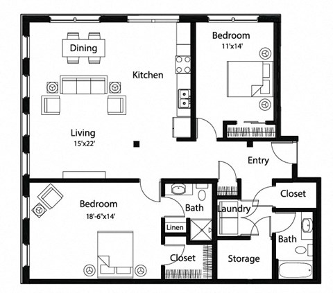 Floor plan for 2 beds, 2 baths, 1362 sqft